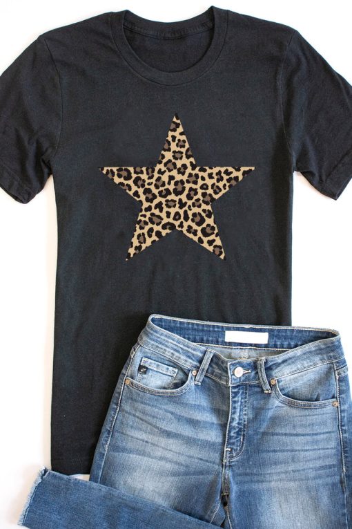 Budget 🎁 Pink Lily Animal Print Star Design Black Heather Graphic Tee 🛒 -Tees Shop