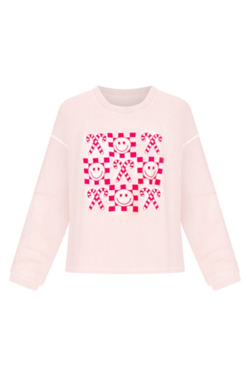 Cheap 🔥 Pink Lily Checkered 🍬 Candy Cane Pink Corded Graphic Sweatshirt 🥰 -Tees Shop checkered candy cane pink corded graphic