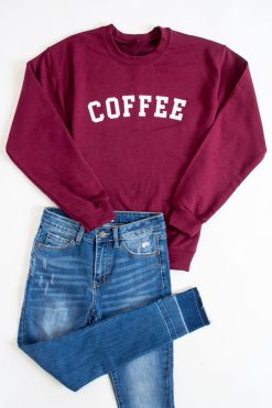 Budget 🔥 Pink Lily Coffee Varsity Graphic Maroon Sweatshirt 👍 -Tees Shop coffee maroon 82518 650x