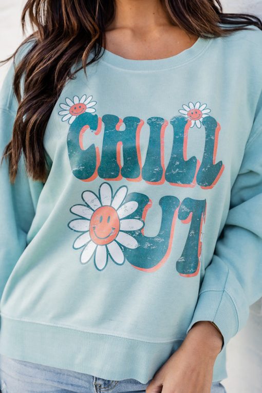 Budget 🤩 Pink Lily Chill Out Mint Graphic Sweatshirt 🌟 -Tees Shop