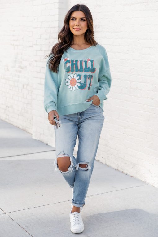 Budget 🤩 Pink Lily Chill Out Mint Graphic Sweatshirt 🌟 -Tees Shop