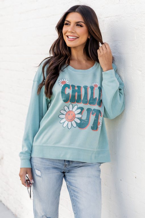 Budget 🤩 Pink Lily Chill Out Mint Graphic Sweatshirt 🌟 -Tees Shop