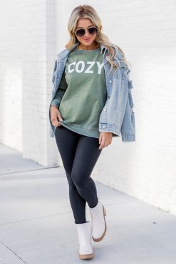 Outlet 🛒 Pink Lily Cozy Olive Graphic Sweatshirt 💯 -Tees Shop h174456 3 650x