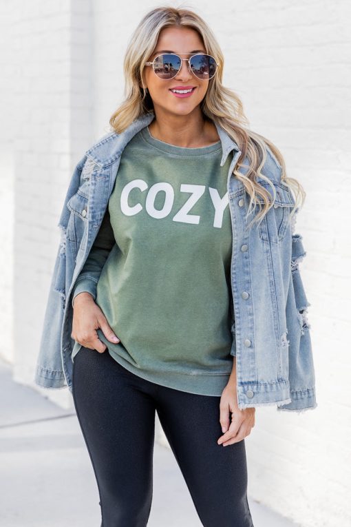 Outlet 🛒 Pink Lily Cozy Olive Graphic Sweatshirt 💯 -Tees Shop