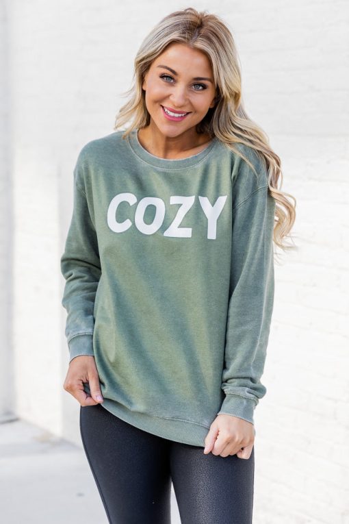 Outlet 🛒 Pink Lily Cozy Olive Graphic Sweatshirt 💯 -Tees Shop