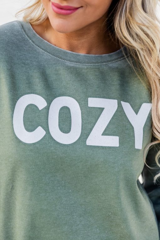 Outlet 🛒 Pink Lily Cozy Olive Graphic Sweatshirt 💯 -Tees Shop