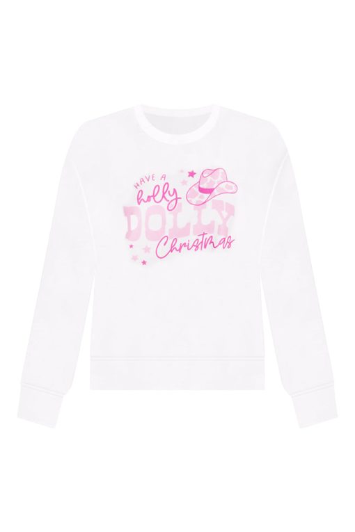 Flash Sale 💯 Pink Lily Have A Holly Dolly 🎅 Christmas White Graphic Sweatshirt ✨ -Tees Shop have a holly dolly christmas white graphic