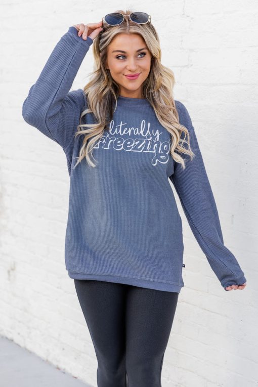 Wholesale 👍 Pink Lily Literally Freezing Navy Corded Graphic Sweatshirt ✔️ -Tees Shop