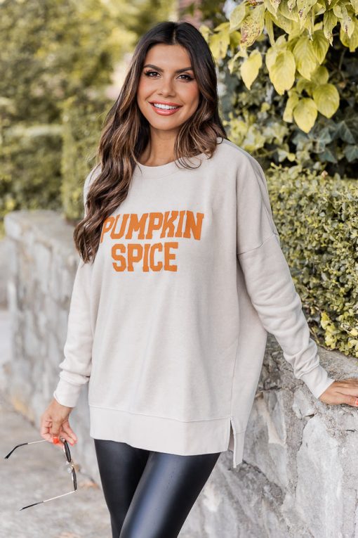 Wholesale ⌛ Pink Lily Pumpkin Spice Light Tan Graphic Sweatshirt ⌛ -Tees Shop