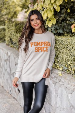 Wholesale ⌛ Pink Lily Pumpkin Spice Light Tan Graphic Sweatshirt ⌛ -Tees Shop j174454 5 650x