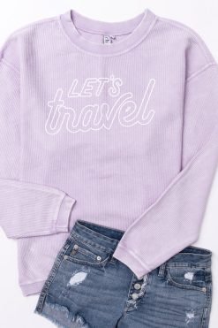 Hot Sale ❤️ Pink Lily Let's Travel Lilac Corded Graphic Sweatshirt ⌛ -Tees Shop let stravelpurplecordsweatshirt 650x