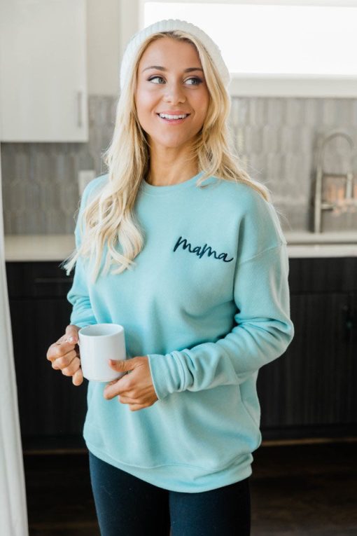 Cheapest ❤️ Pink Lily Mama Embroidered Script Dusty Blue Graphic Sweatshirt FINAL SALE 👏 -Tees Shop