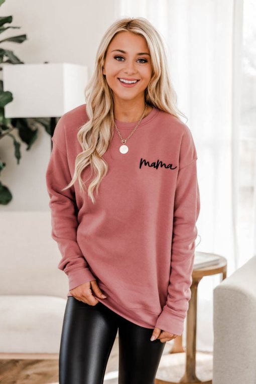 Best Pirce 🔔 Pink Lily Mama Embroidered Script Mauve Graphic Sweatshirt 🥰 -Tees Shop