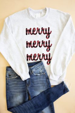 Outlet 😍 Pink Lily Plaid Merry Merry Merry Ash Graphic Sweatshirt 👍 -Tees Shop merry merry merry 58443 650x