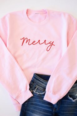 Wholesale 😍 Pink Lily Merry Script Light Pink Graphic Sweatshirt 🎁 -Tees Shop merry script 49994 650x