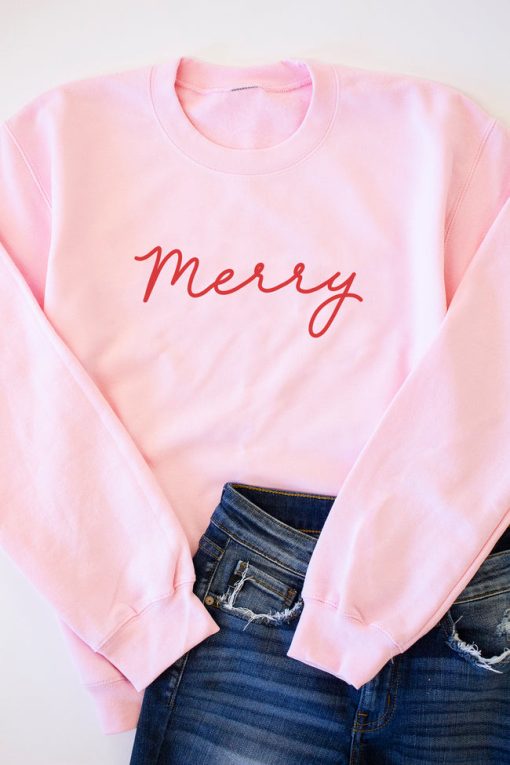 Wholesale 😍 Pink Lily Merry Script Light Pink Graphic Sweatshirt 🎁 -Tees Shop