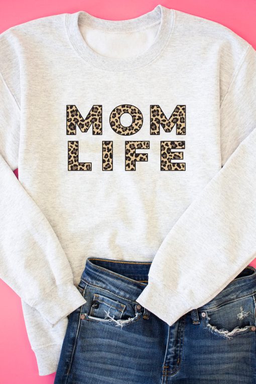 Best Sale ✨ Pink Lily Mom Life Leopard Print Ash Graphic Sweatshirt 😉 -Tees Shop