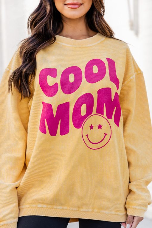 Coupon 🔔 Pink Lily Smiley Cool Mom Gold Corded Graphic Sweatshirt ⭐ -Tees Shop