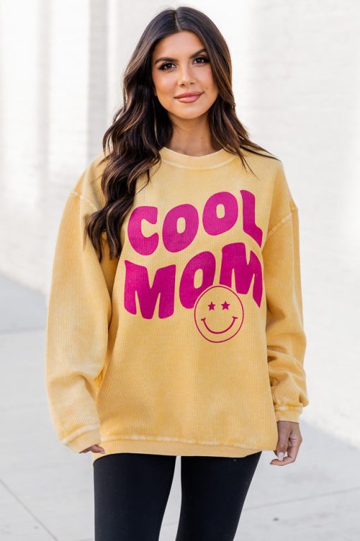 Coupon 🔔 Pink Lily Smiley Cool Mom Gold Corded Graphic Sweatshirt ⭐ -Tees Shop