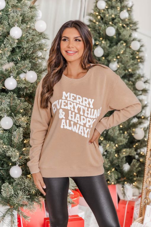 Best Sale 😍 Pink Lily Merry Everything And Happy Always Light Tan Graphic Sweatshirt 👍 -Tees Shop