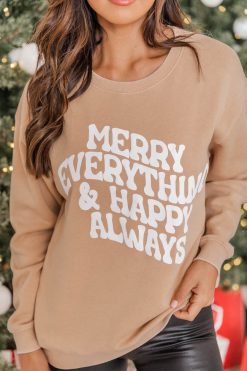 Best Sale 😍 Pink Lily Merry Everything And Happy Always Light Tan Graphic Sweatshirt 👍 -Tees Shop r174450 7 650x