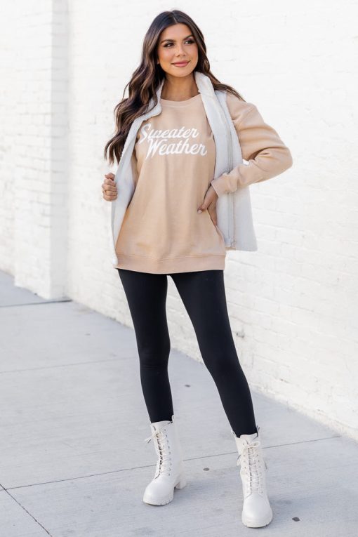 Cheap 👏 Pink Lily Sweater Weather Light Tan Graphic Sweatshirt 😍 -Tees Shop