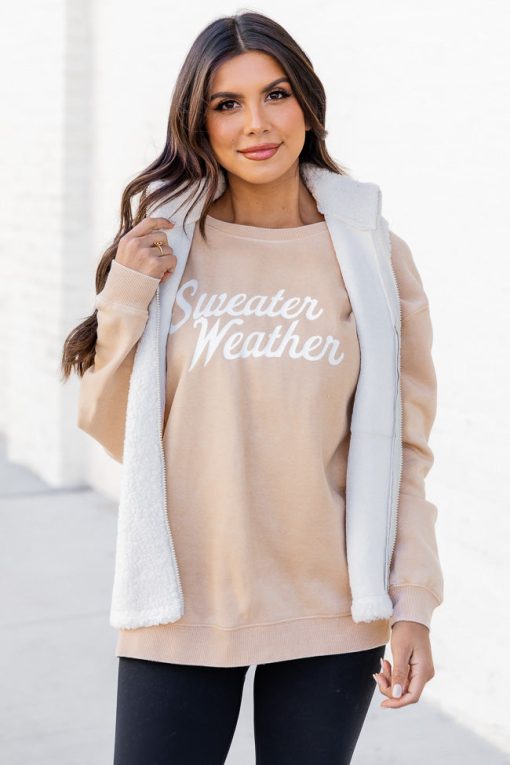 Cheap 👏 Pink Lily Sweater Weather Light Tan Graphic Sweatshirt 😍 -Tees Shop