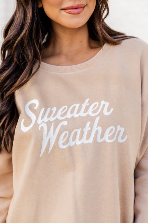 Cheap 👏 Pink Lily Sweater Weather Light Tan Graphic Sweatshirt 😍 -Tees Shop