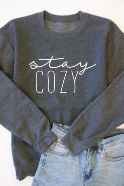 Best Sale 😍 Pink Lily Stay Cozy Dark Heather Graphic Sweatshirt 🛒 -Tees Shop stay cozy script dark 39036 650x