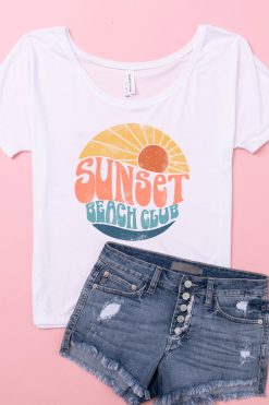 Deals 🛒 Pink Lily Sunset Beach Club White Slouchy Graphic Tee 👍 -Tees Shop sunsetbeachclubslouchytee 650x