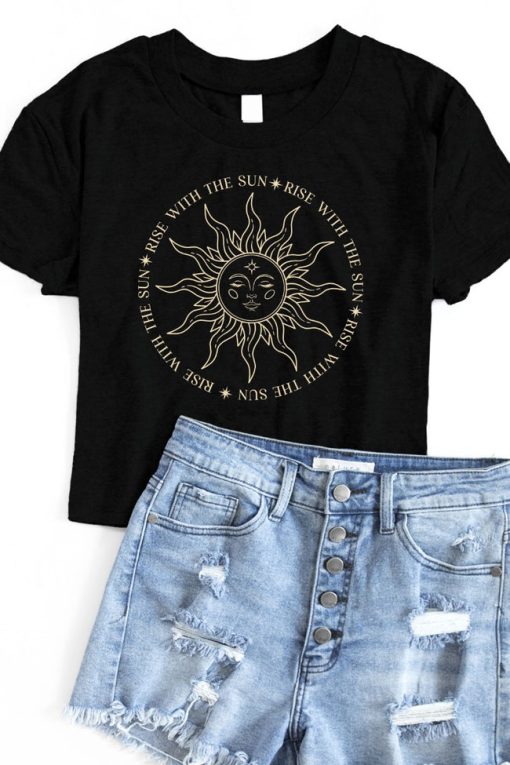 Cheap ⌛ Pink Lily Rise With The Sun Black Cropped Graphic Tee FINAL SALE 💯 -Tees Shop