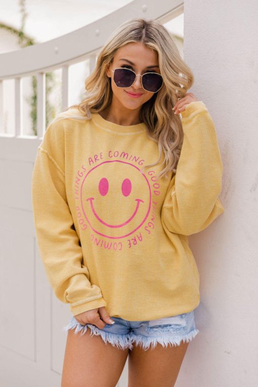 Best Pirce ✨ Pink Lily Good Things Are Coming Smiley Gold Graphic Sweatshirt 🤩 -Tees Shop unnamed 20bf0709 64b7 418a 8a8e