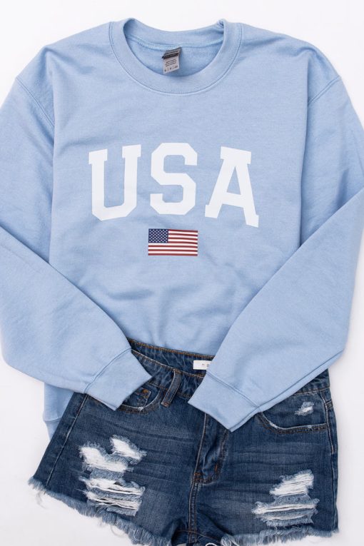 Cheapest 🌟 Pink Lily Athletic USA Flag Graphic Light Blue Sweatshirt 👍 -Tees Shop