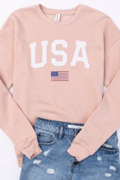 Outlet ⭐ Pink Lily Athletic USA Flag Peach Graphic Sweatshirt 👍 -Tees Shop usapeach 650x