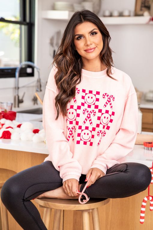 Cheap 🔥 Pink Lily Checkered 🍬 Candy Cane Pink Corded Graphic Sweatshirt 🥰 -Tees Shop