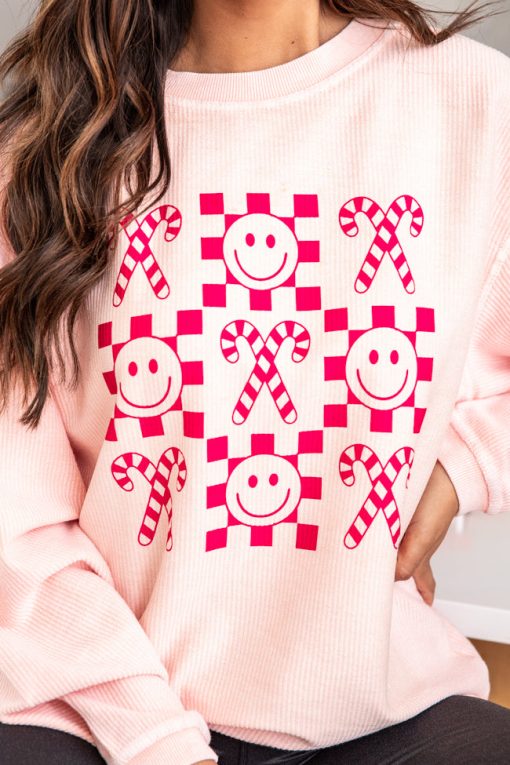 Cheap 🔥 Pink Lily Checkered 🍬 Candy Cane Pink Corded Graphic Sweatshirt 🥰 -Tees Shop